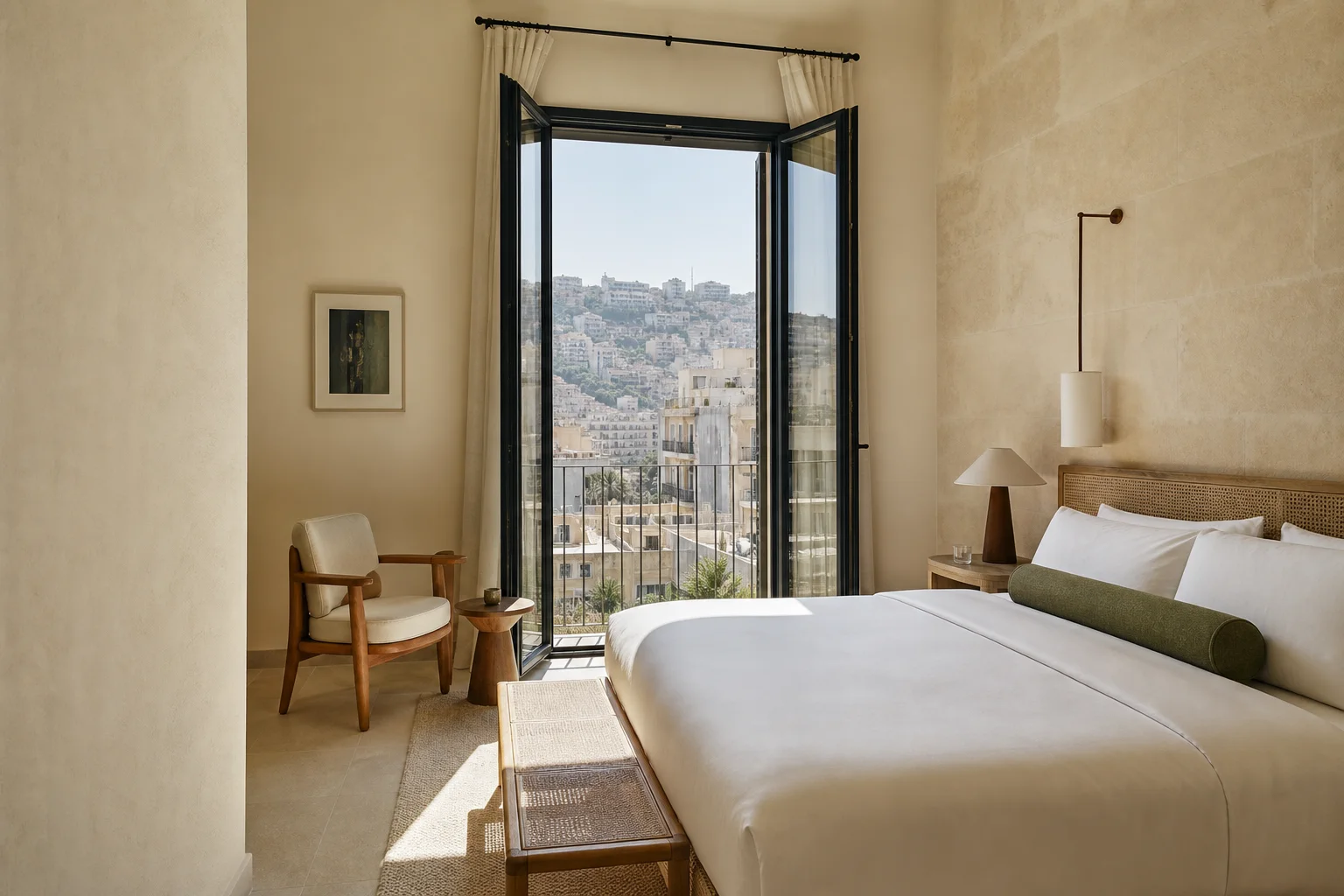 Sunlit fictional guest room with limestone walls and a Beirut hillside view