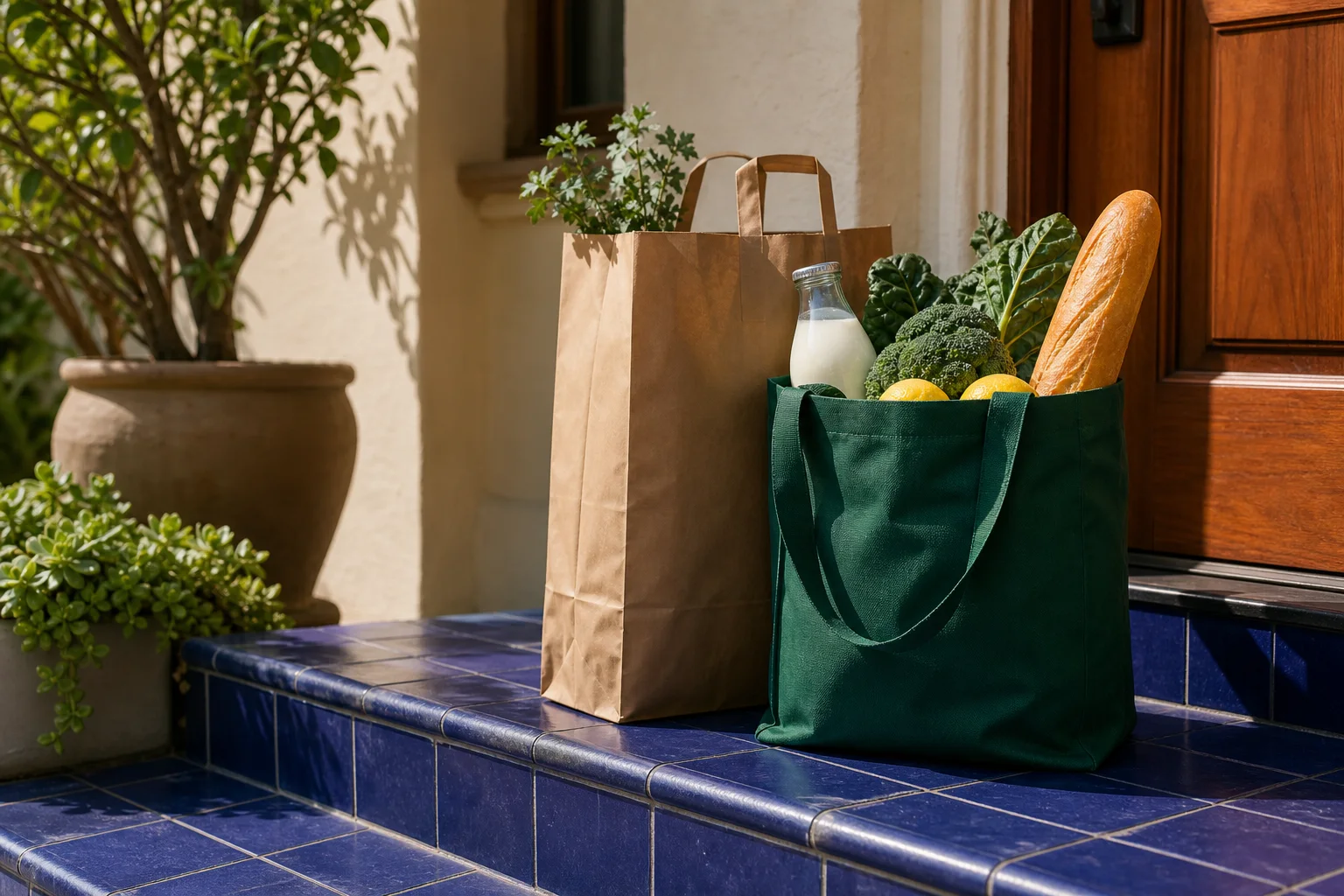 Reusable grocery bags waiting on blue-tiled front steps