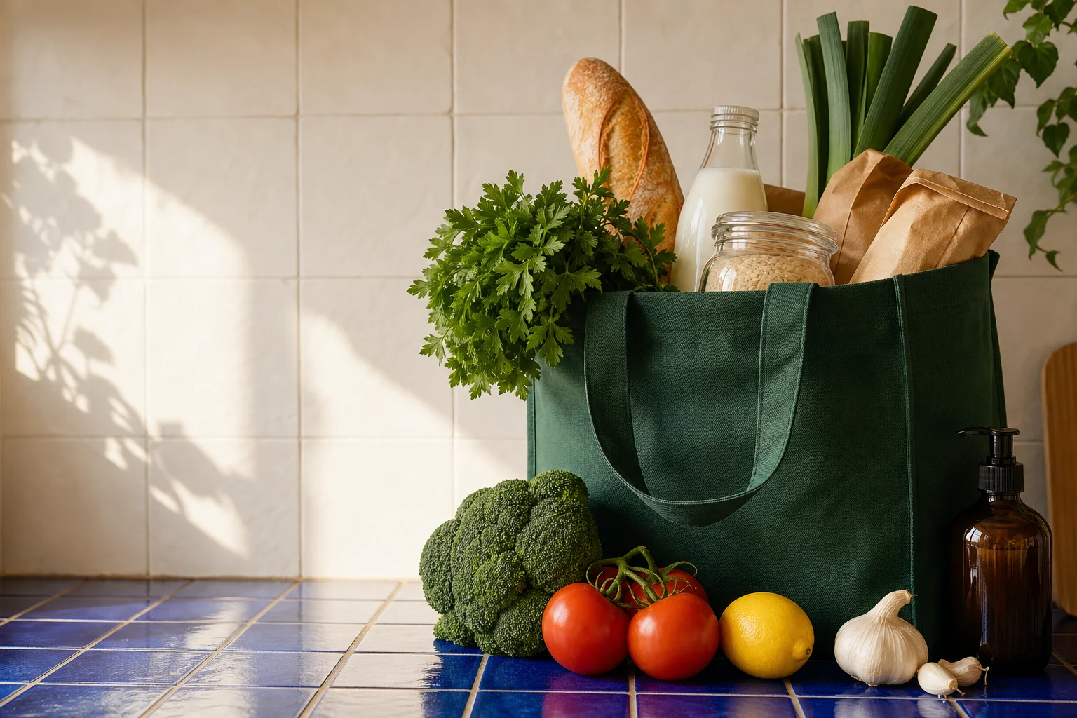 Reusable market bag filled with bread, greens, milk, rice, and household essentials on blue tile