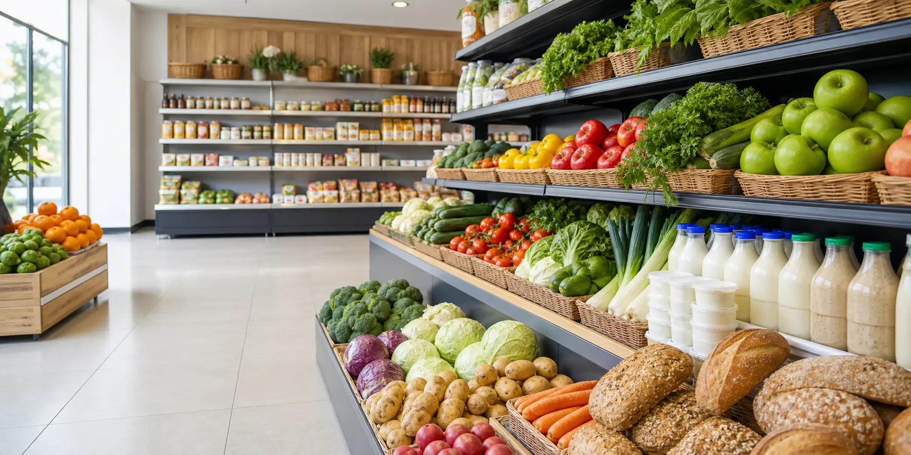Market shelves stocked with fresh vegetables, fruit, milk and bread