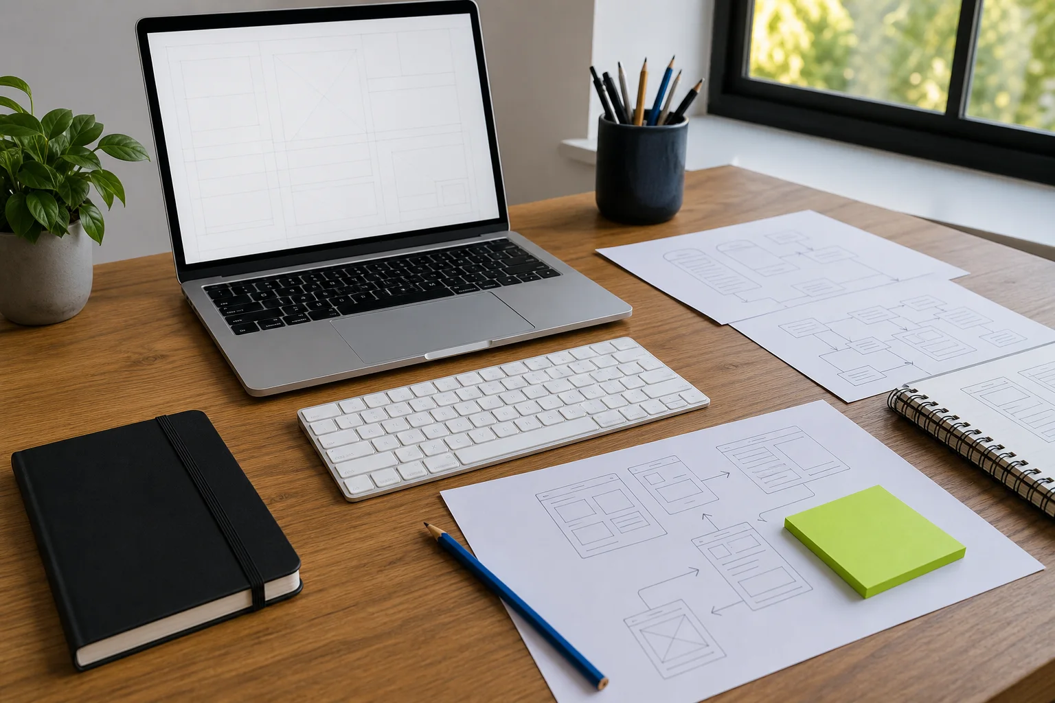 Abstract portfolio workbench with wireframes and interface systems