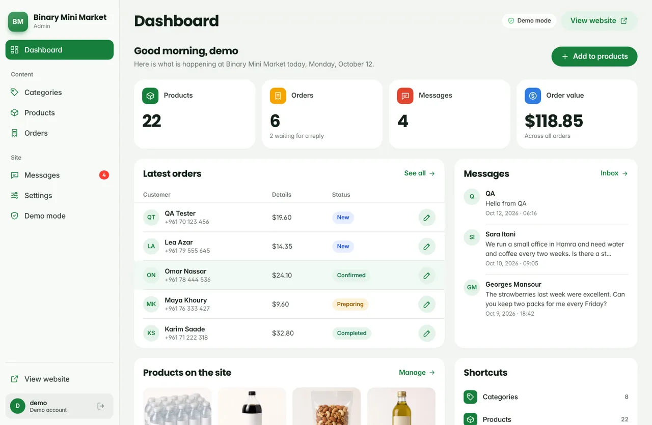 Screenshot of the Shop Admin website