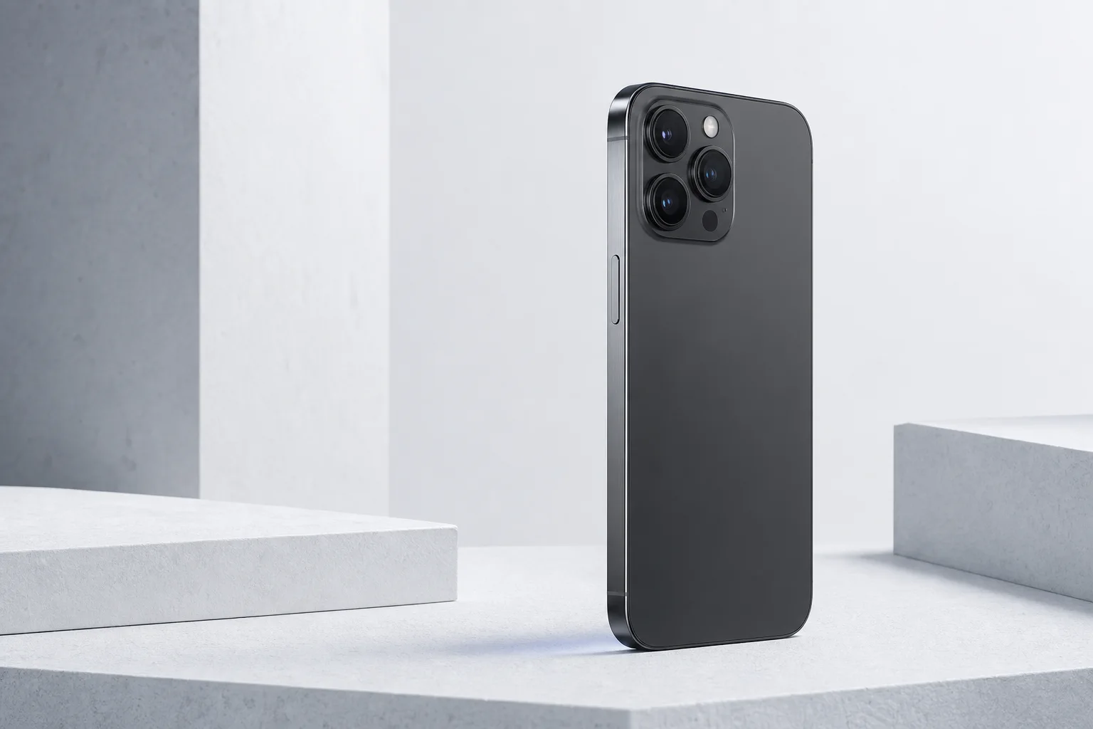 A graphite smartphone standing on a pale stone plinth